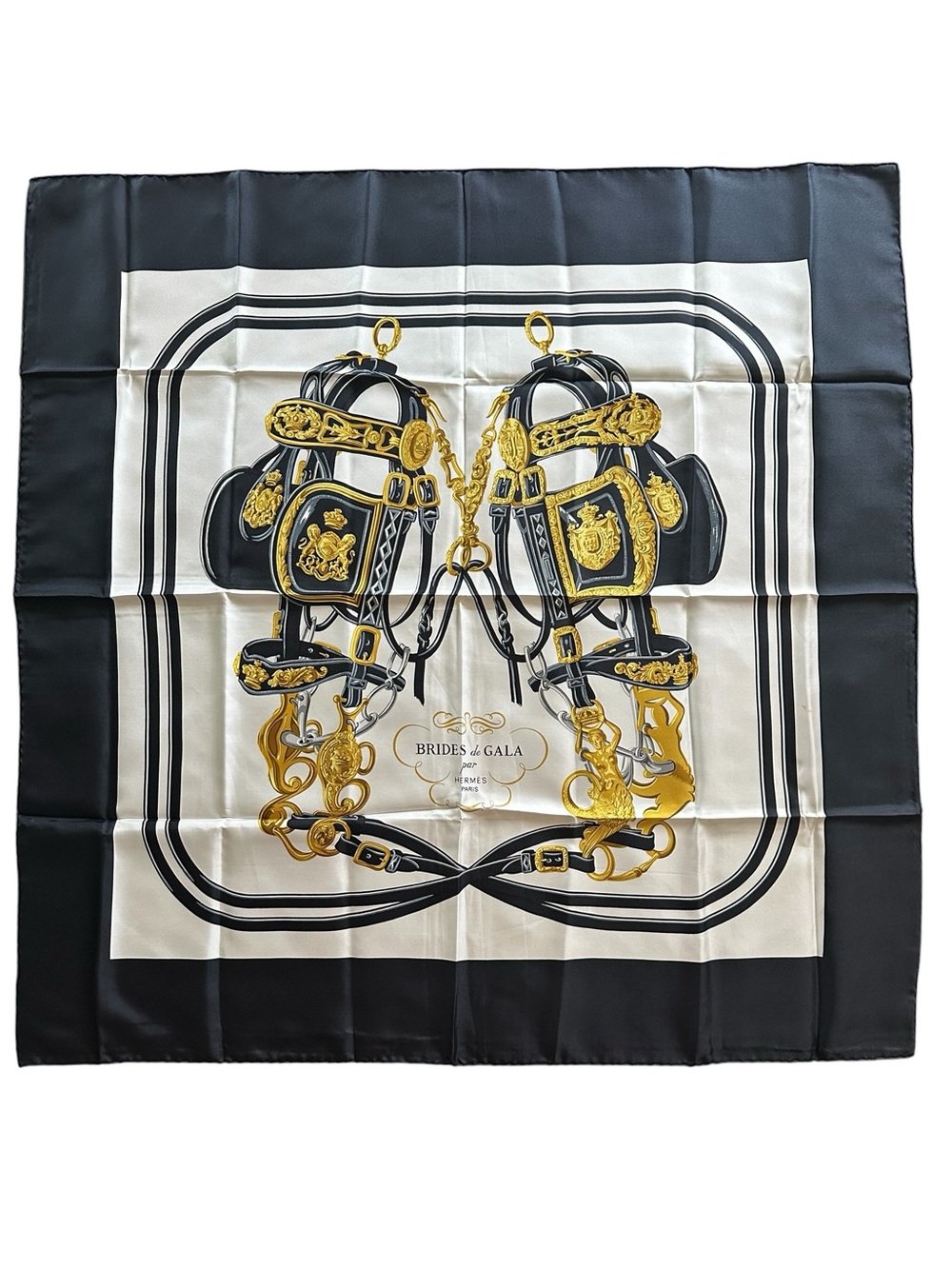 Hermès “Brides de Gala” 90 Silk Twill Scarf Black Gold White Made in France